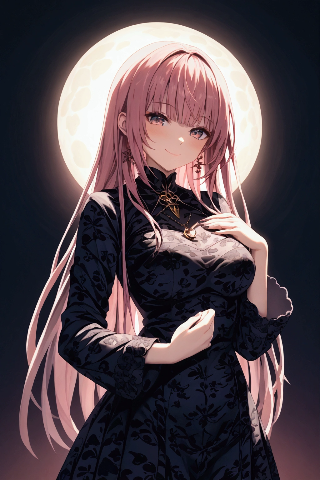 masterpiece, 4k, high quality, highly detailed, detailed face, HDR, vivid colors, natural lighting, girl, 1girl, solo, long and messy purple hair, long twin tails, bright white eyes, blush, medium breasts, wearing black sweater, pleated skirt, standing in a forest, (rain), ((night), lunar eclipse, red moon), stars
