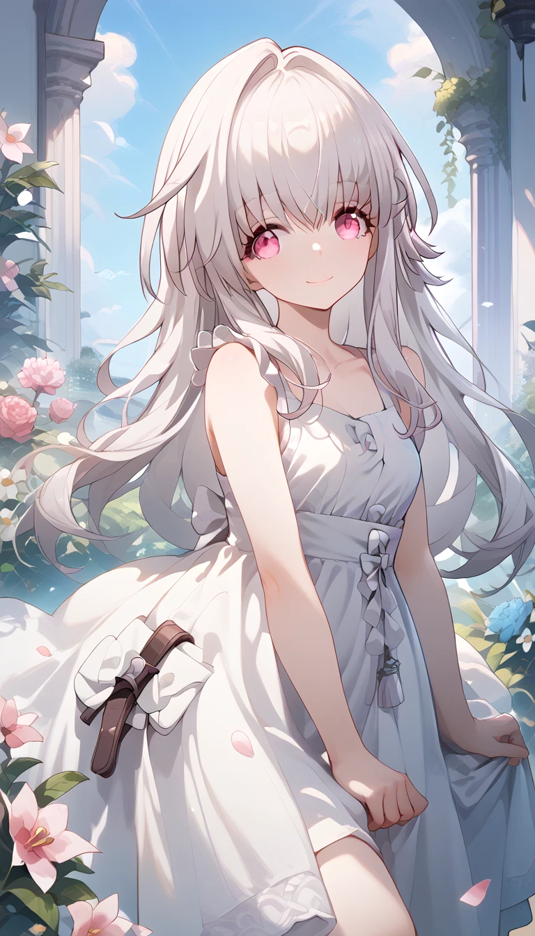 clara (honkai: star rail), 1girl, long hair, white hair, pink eyes,　Alone,  eyebrow visible from inside hair ,  hair between eyes　 top quality, very aesthetic, sundress　smile　summer　in the flower garden　grassland　flower　in the sky　petal　outside　Sunlight　