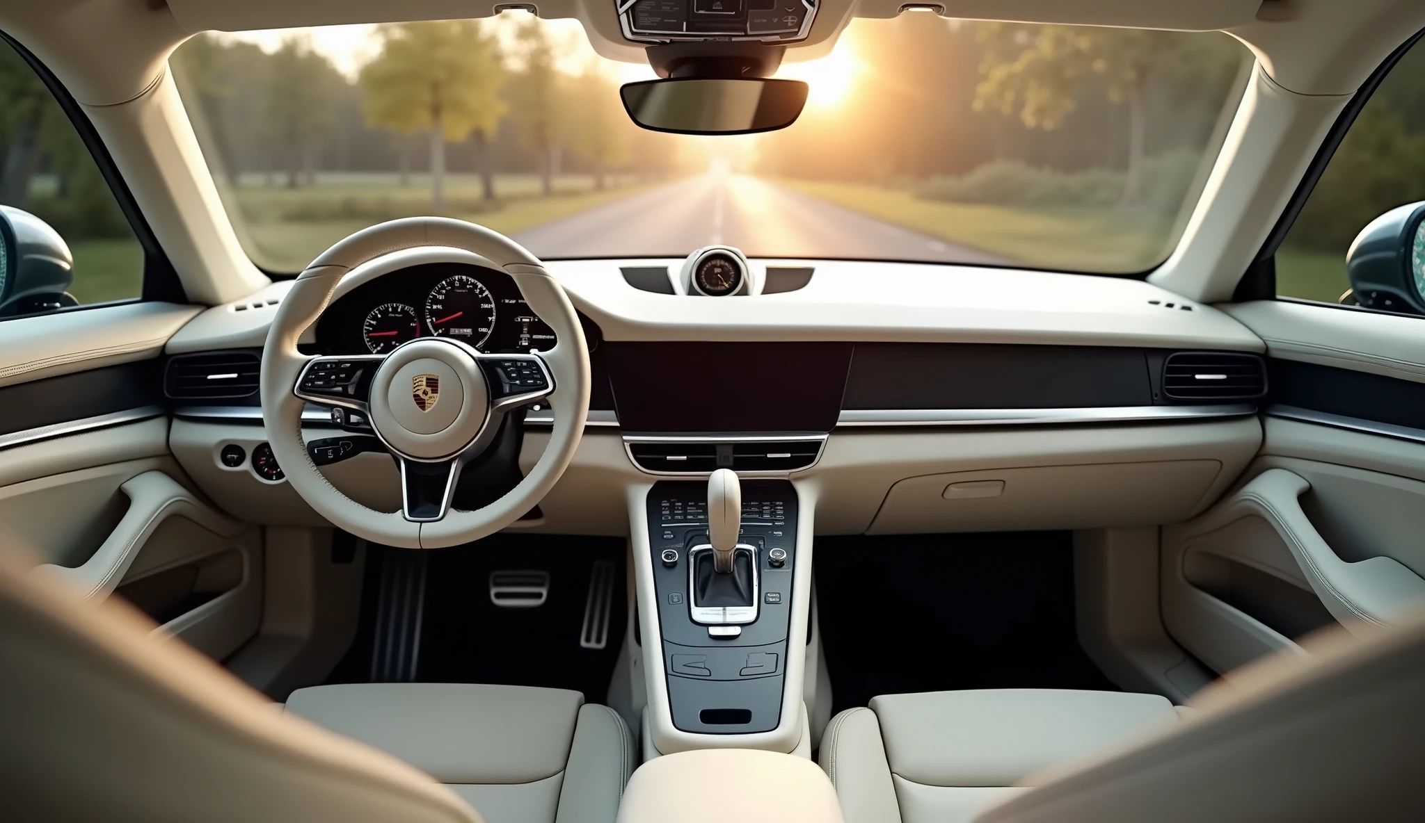 interior view of modern 2025 Porsche 912 captured from creamy white dashboard, sporty look dashboard