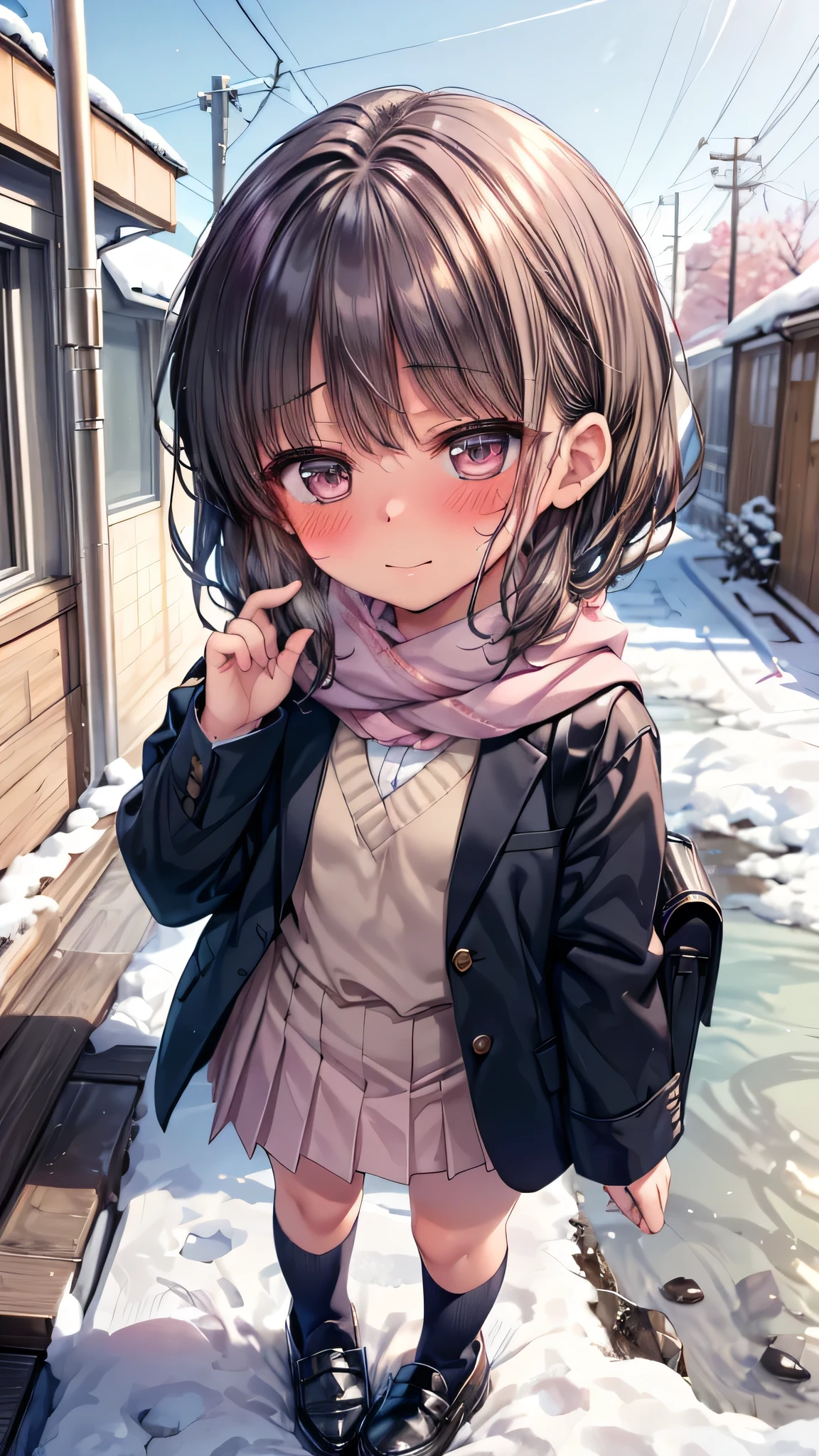 ((masterpiece, sidelighting, finely detailed beautiful eyes: 1.2)), (anatomically collect:1.3), Extremely cute, (extremely detailed beautiful face), (Authentic skin texture:1.4), (outdoor, winter, snowy landscape, park:1.2), (1 *************************************** girl:1.8), (Loli:1.8), (small stature, petite body:1.8), (flat chest), (short black hair), ahoge, (duffel coat, woolen scarf:1.2), (socks, loafer:1.2), (blush cheek:1.4), (shy, happy), (face focus:1.2), standing