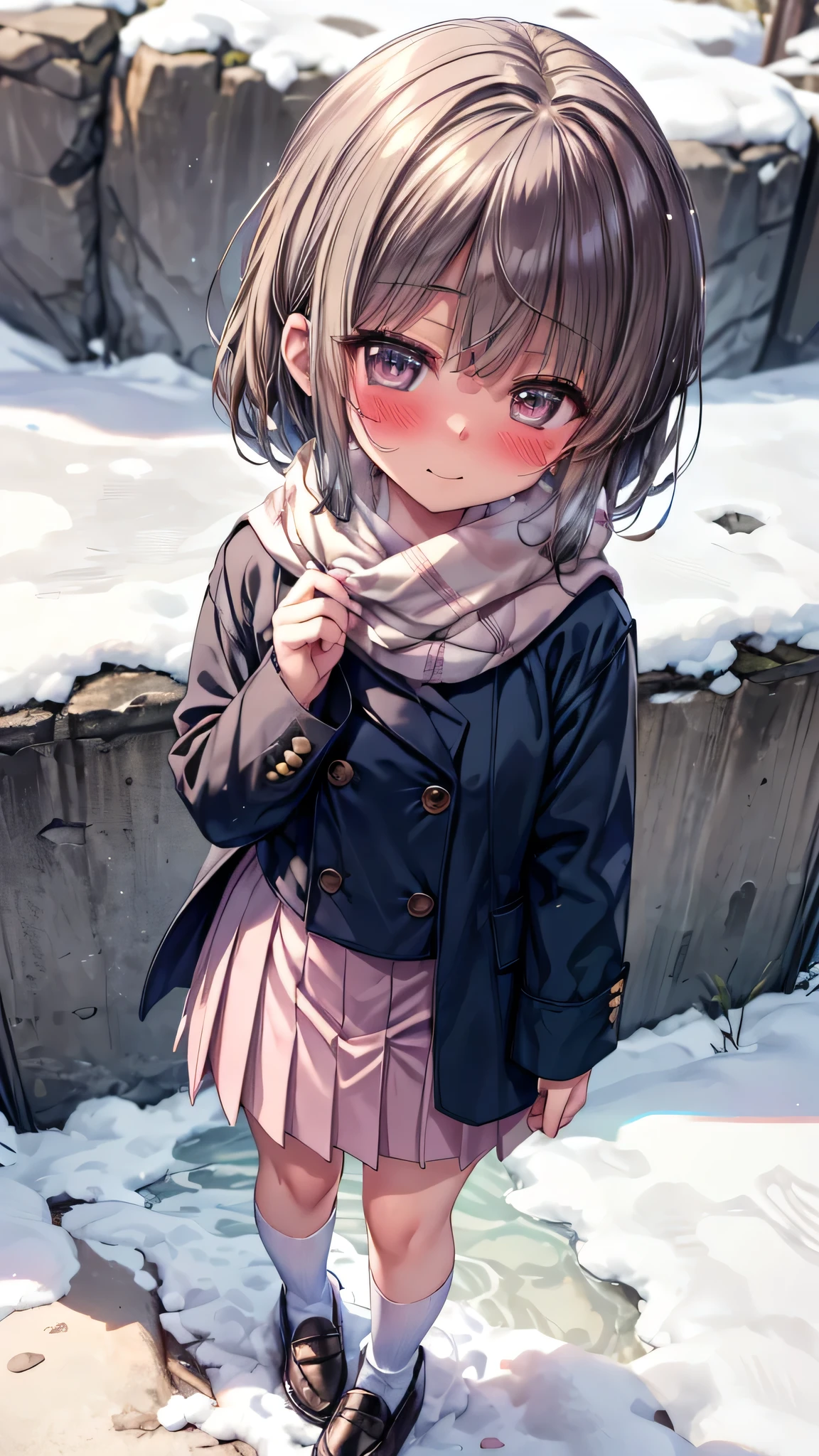 ((masterpiece, sidelighting, finely detailed beautiful eyes: 1.2)), (anatomically collect:1.3), Extremely cute, (extremely detailed beautiful face), (Authentic skin texture:1.4), (outdoor, winter, snowy landscape, park:1.2), (1 girl:1.8), (Loli:1.8), (small stature, petite body:1.8), (flat chest), (short black hair), ahoge, (duffel coat, woolen scarf:1.2), (socks, loafer:1.2), (blush cheek:1.4), (shy, happy), (face focus:1.2), standing