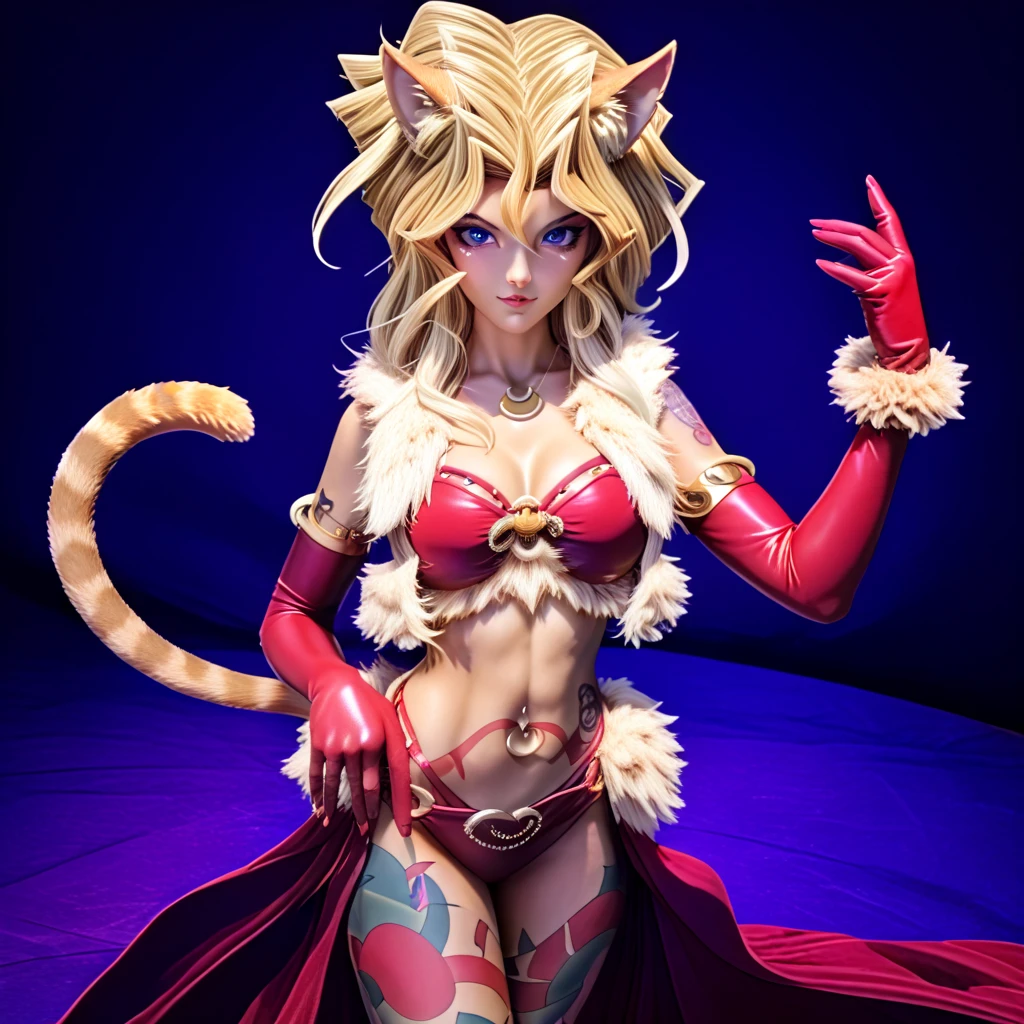 （Peacock Dance）、  1 girl,  blondes, Multicolored Hair,,Cat Girl, Tail,   revealing clothes,   belly dancer costume ,   fur trim, Red gloves,  elbow gloves , body pattern , Tattooed skin,（Moonlit Night、moonlight）