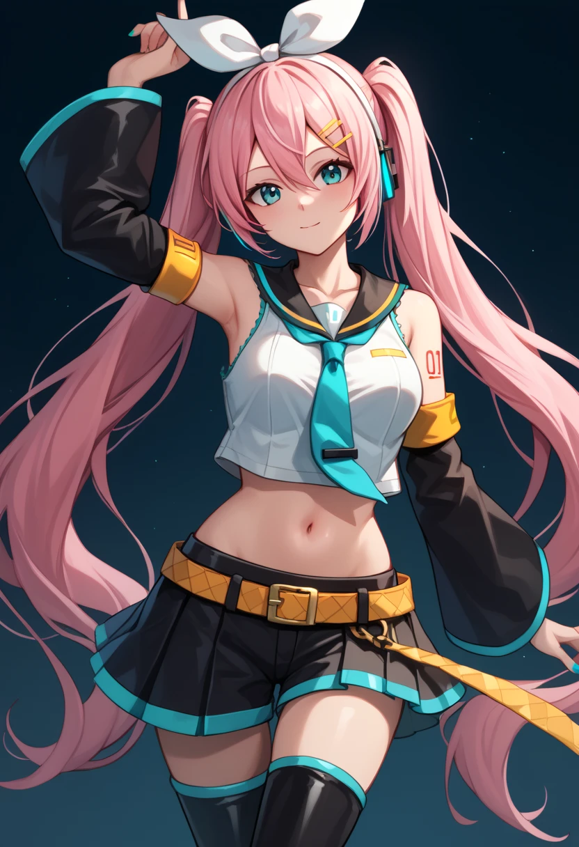 score_9, score_8_up, score_7_up,score_6_up, score_5_up, score_4_up , 1girl, solo, ((SPLIT-COLOR HAIR)), ((blonde hair)), ((aqua hair)), ((pink hair)), large breasts, luka megurine, blue eyes, headphones, long hair, pink hair,, arm warmers, armband, bare shoulders, black shirt, black skirt, crop top, midriff, navel, shirt, shoulder tattoo, single arm warmer, skirt, tattoo, hatsune miku, absurdly long hair,aqua hair,twintails,hair ornament,sidelocks,hair between eyes,parted bangs,aqua eyes, white shirt,collared shirt,bare shoulders,sleeveless shirt,aqua necktie,detached sleeves,black sleeves,shoulder tattoo,fringe,black thighhighs,miniskirt,pleated skirt,zettai ryouiki,thigh boots, kagamine rin, short hair,blonde hair,floating hair,white hairband,hair bow,white bow,hairclip,swept bangs,blue eyes, collarbone,bare shoulders,black sailor collar,white shirt,sleeveless shirt,crop top,midriff,yellow neckerchief,black sleeves,detached sleeves,medium breasts,navel,stomach,orange belt,fringe,short shorts,black shorts,leg warmers,white footwear, dancing, cowboy shot, simple background