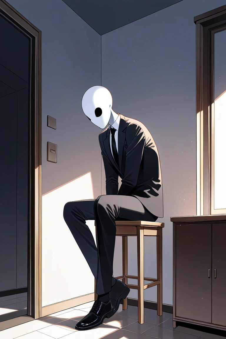 Generate an image of a slender man sitting in a small chair and facing the front