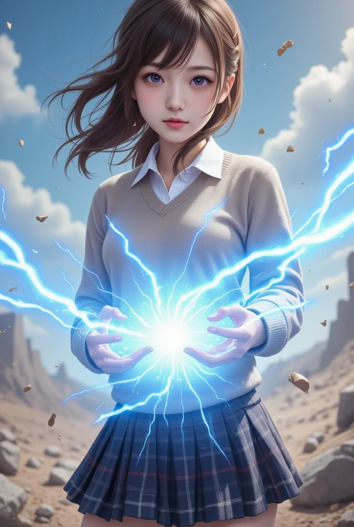 Masterpiece, 8k, Wallpaper, top-quality, High school girl, Photorealistic, (Plump breast:1.3), 
This depicts a tense scene of a girl in uniform exerting overwhelming power. Her twin-tailed hair flutters in the wind, and her strong-willed purple eyes look sharply ahead. The school uniform is styled with a checkered skirt and a beige sweater, expressing a modern student look. The blue electric energy emitted from between the girl's hands engulfs the surroundings, shattering the ground and sending debris flying through the air. The background creates a hazy, desolate atmosphere, accentuating the overwhelming presence of her power. This whirlwind of blitz seems to visually express her inner feelings and resolve.
