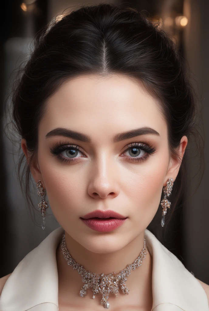 cinematic still, portrait, 1950s hairstyle, 50s makeup, jewelry, formal hairstyle, fantasy, glamour, headshot, (looking at viewer), parted lips, (film grain):1.7, traditional media, woman