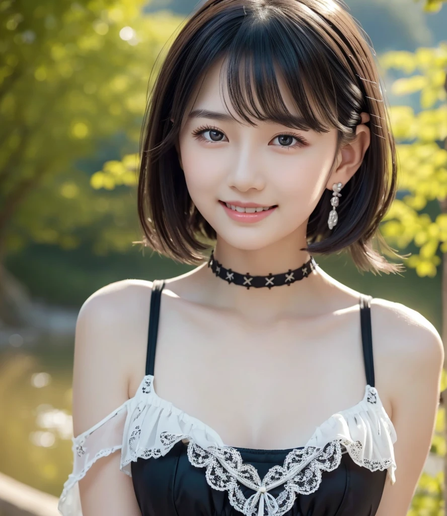 girl, White skin, ((Dark brown short tiered hair)), V cut with layers and bangs, Brown eyes, Soft atmosphere characteristics (Highest quality, Ultra-high resolution, 8K, RAW Photos, Ultra-high resolution: 1.2, masterpiece: 1.3), (Realistic, Realistic: 1.37), Very detailed, Professional Lighting, Photon Mapping, Radio City, 物理ベースレンダring, One Girl, (high school girl), Sharp focus:1.2、Beautiful woman:1.4,cute, Nice, Adorable, smile, Normal chest, Cross Necklace、Earrings、ring,(Cleavage)、Gothic Lolita Fashion, (((Black and white gothic fashion,))),Lolita Fashion,Belly button、(lake、Waterfront)short hair