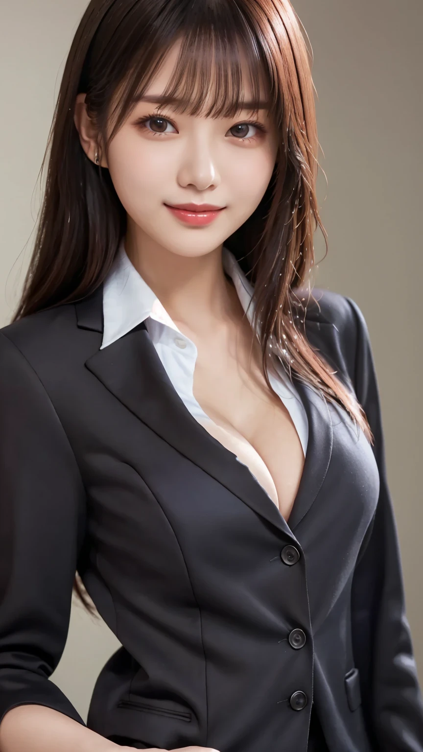 (collared suit blouse and suit jacket : 1.5), (upper body : 1.5), bangs, smile, ((white indoor)), ( 18 year old female : 1. 2), young and adorable Japanese face, Official Art, high definition CG Unity 8k wallpaper,Ultra high definition ,Very detailed, half photos with Brazil, high definition , Kodak Portrait 400, film grain , lens flare glow, best quality,8k, as a portrait shot,8k, Show viewer , ((masterpiece)), (( best quality)), ( super detailed), smile, (( sexy)), (( Very detailedな)), (detailed clothing features), (beautiful), Illustration, beautiful Japanese woman, ((1 female)), (Bold Cleavage : 1.3)