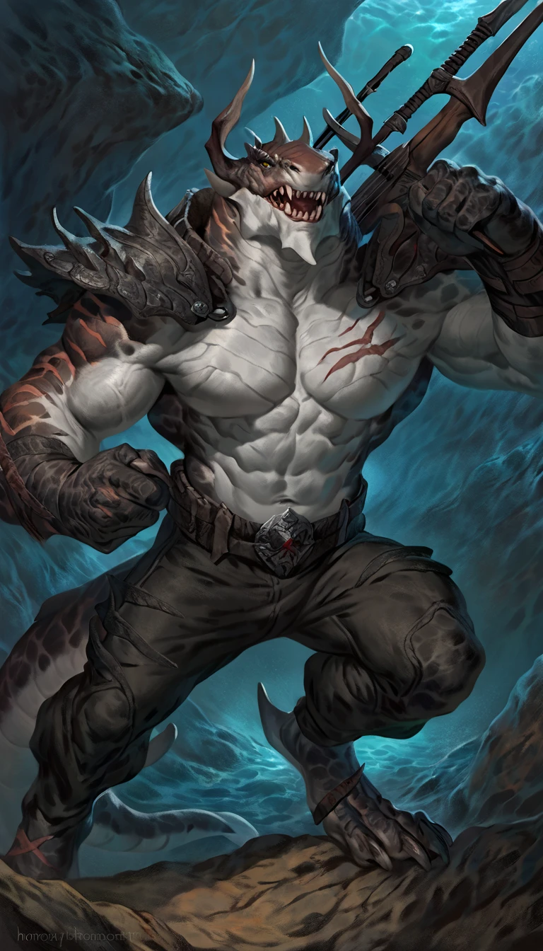 Muscular anthro shark, solo, monster, strong, scars on body, 1male solo, demonic armor, symbiote, muscular, small waist, thick tail, thick scales on the shoulders, marked detailed jaws, open jaws big pecs, pants, full body, comicbook style, best quality, 4k, ultra-detailed, by laobai, by taran fiddler, by honovy, by null-ghost, by thebigslick, underwater scenery, night, darkness