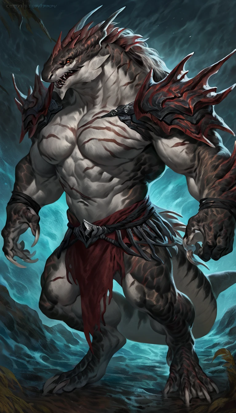 Muscular anthro shark, solo, monster, strong, scars on body, 1male solo, demonic armor, symbiote, muscular, small waist, thick tail, thick scales on the shoulders, marked detailed jaws, open jaws big pecs, pants, full body, comicbook style, best quality, 4k, ultra-detailed, by laobai, by taran fiddler, by honovy, by null-ghost, by thebigslick, underwater scenery, night, darkness