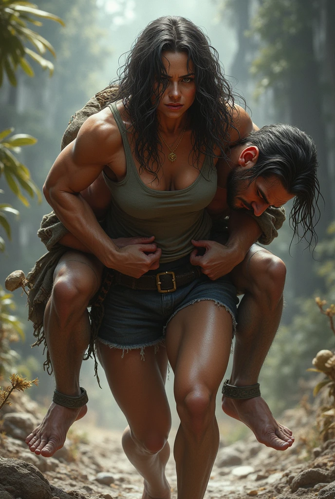 A strong girl lift up a big boy on her back