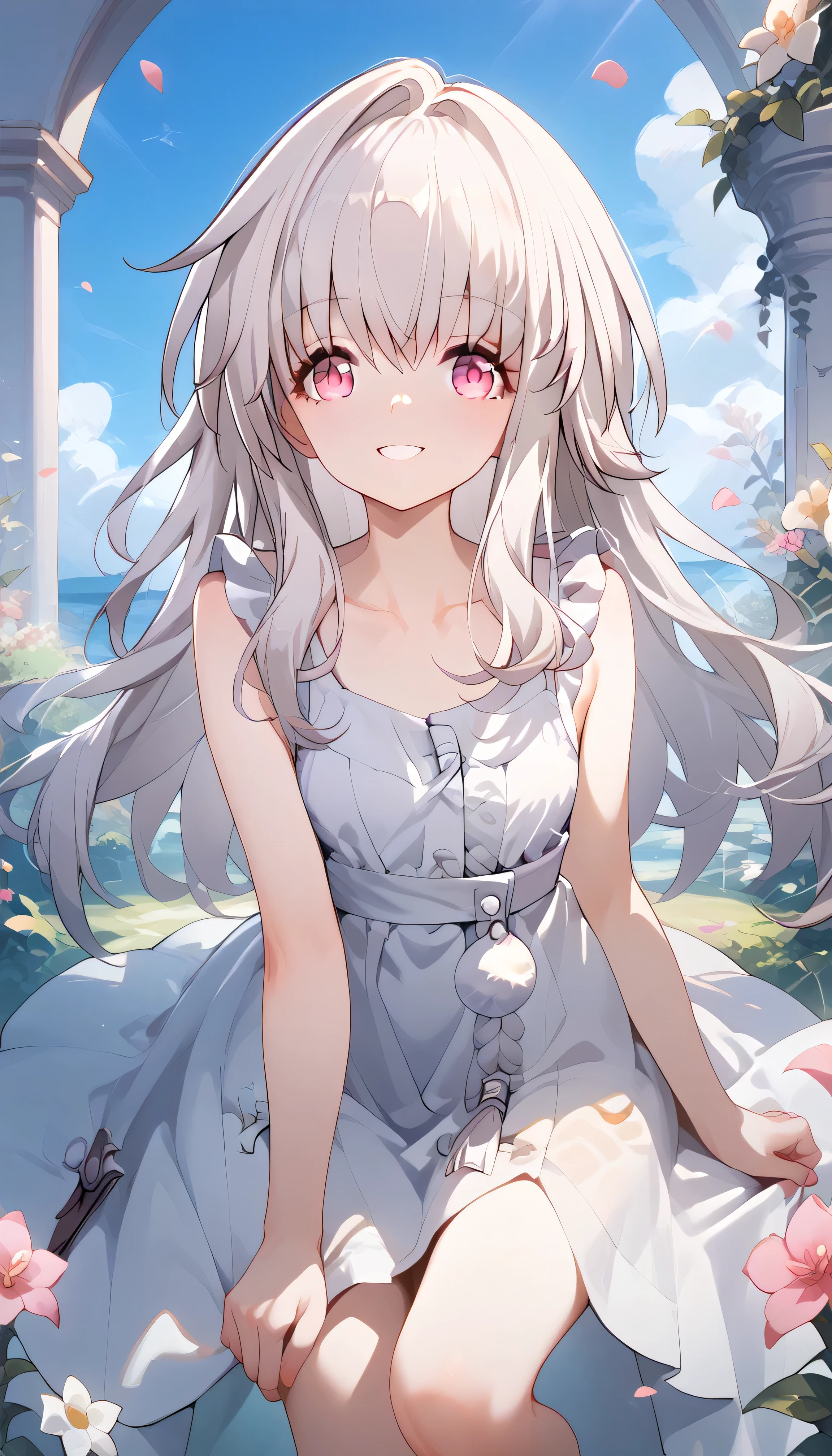 clara (honkai: star rail), 1girl, long hair, white hair, pink eyes,　Alone,  eyebrow visible from inside hair ,  hair between eyes　 top quality, very aesthetic, sundress　smile　happy　summer　in the flower garden　grassland　flower　in the sky　petal　outside　Sunlight　