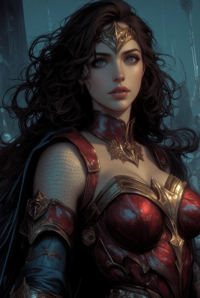 Gal Gadot as Wonder Woman, AB XCover, Complex pencil sketches, Expressive eyes and nose and mouth, unzoom, author:Jim Lee Right Section Centered, Key, Visual, Complex, Highly Detailed, Breathtaking, Precise Line Art, Vibrant Panorama Film