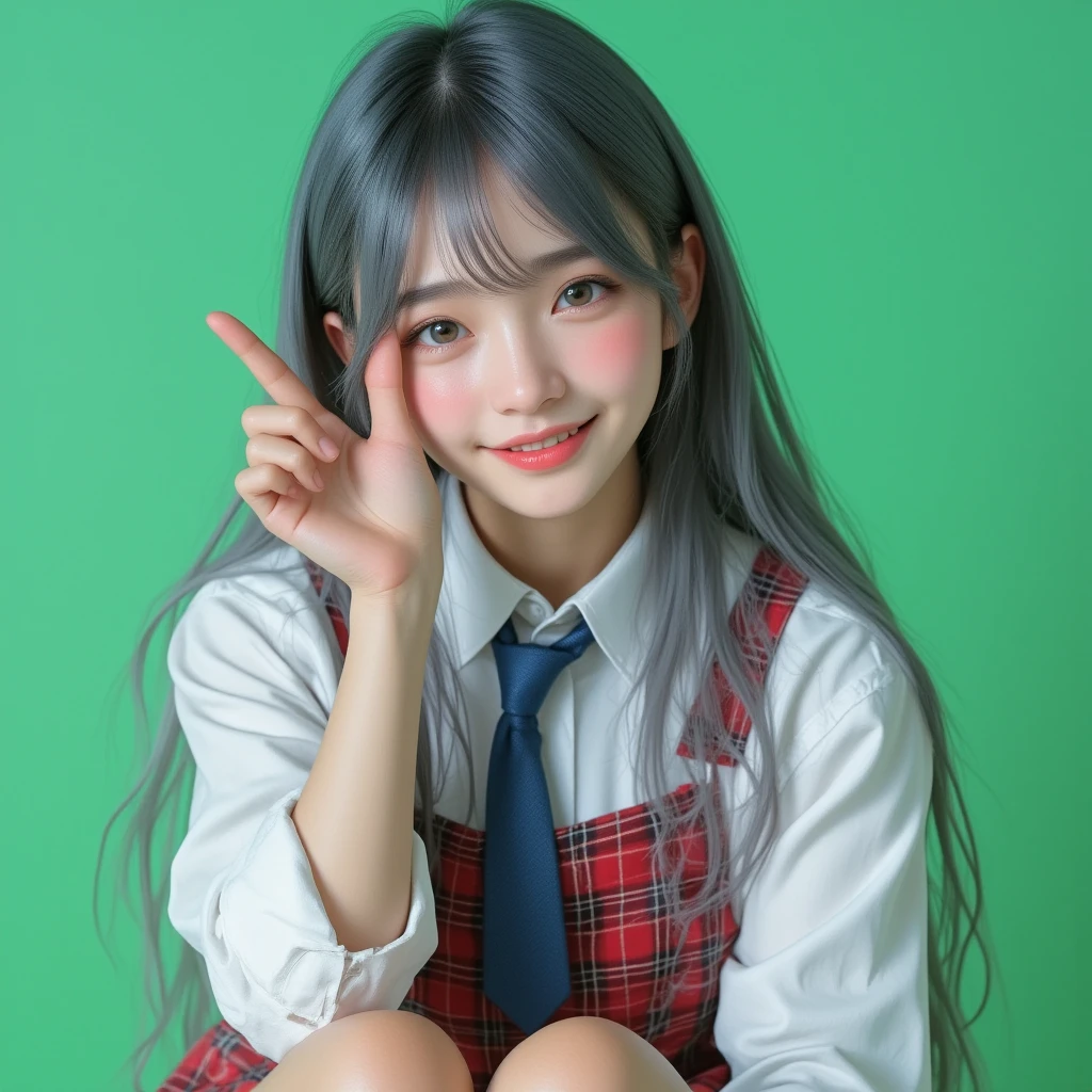 , photo realism,1girl, full body,long straight long hair,smoky blue color hair, Sitting with Knees Up pose, wink and expressionless, hand making a V-sign near her eye, wearing a white shirt with rolled-up sleeves, red plaid skirt with white check design, loosened blue necktie, earrings, soft blush on cheeks, bright and cheerful expression, green Chromakey background, vibrant and youthful atmosphere,sharp focus, physically-based rendering, extreme detail description, professional,
