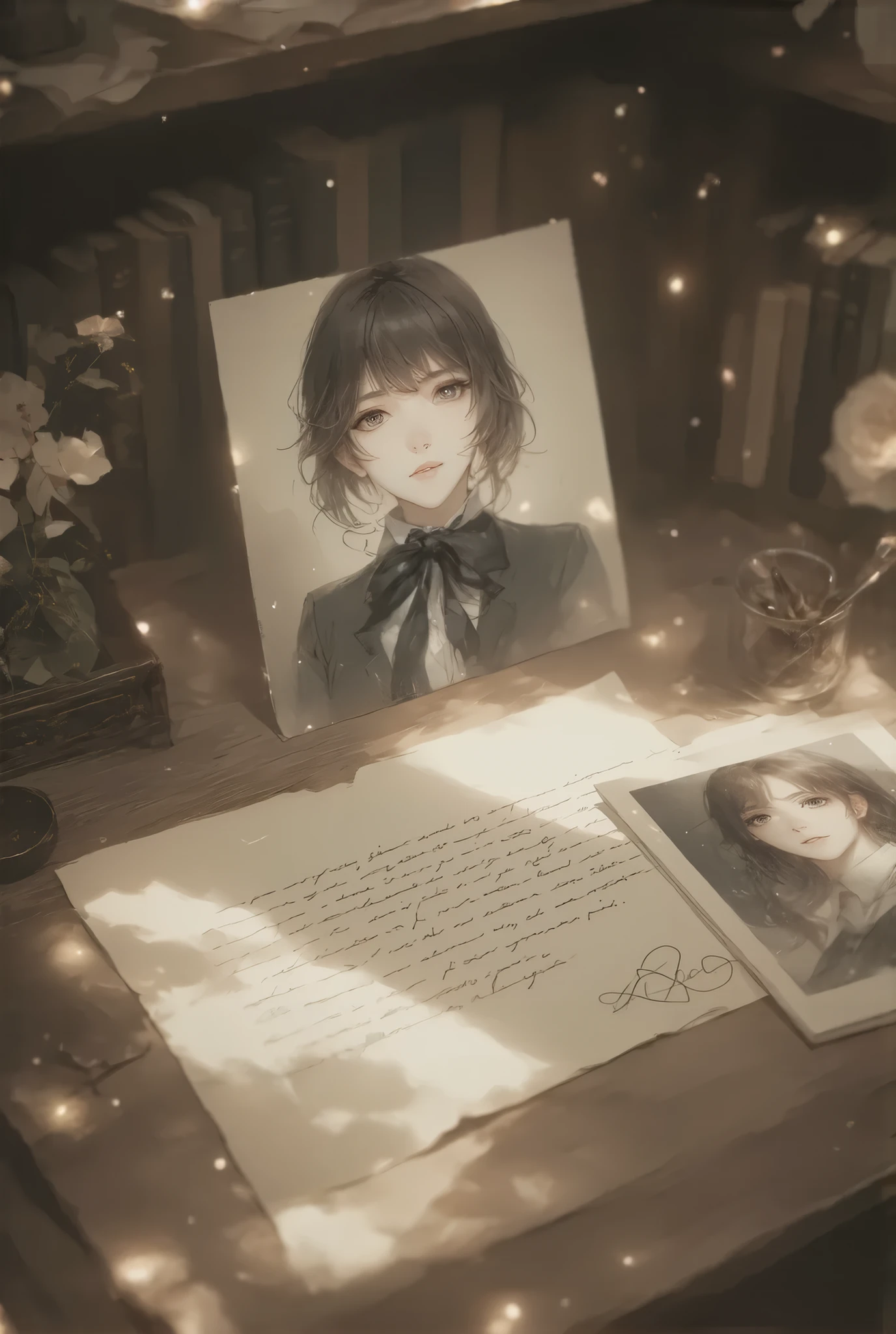 (Nostalgic expression in sepia tone, 8k, top quality, Masterpiece , Final Fantasy Style, in style of Anna Razumovskaya, :1.5),Atmospheric perspective, 8K, Very detailed, Accurate, Highest quality, masterpiece, Very detailed,, delicate and dynamic, Small faint lights, , On the desk, A love letter that could not be given is placed on the desk, heart mark, photos of a cute high school girl are placed on the desk, Study desk, My room