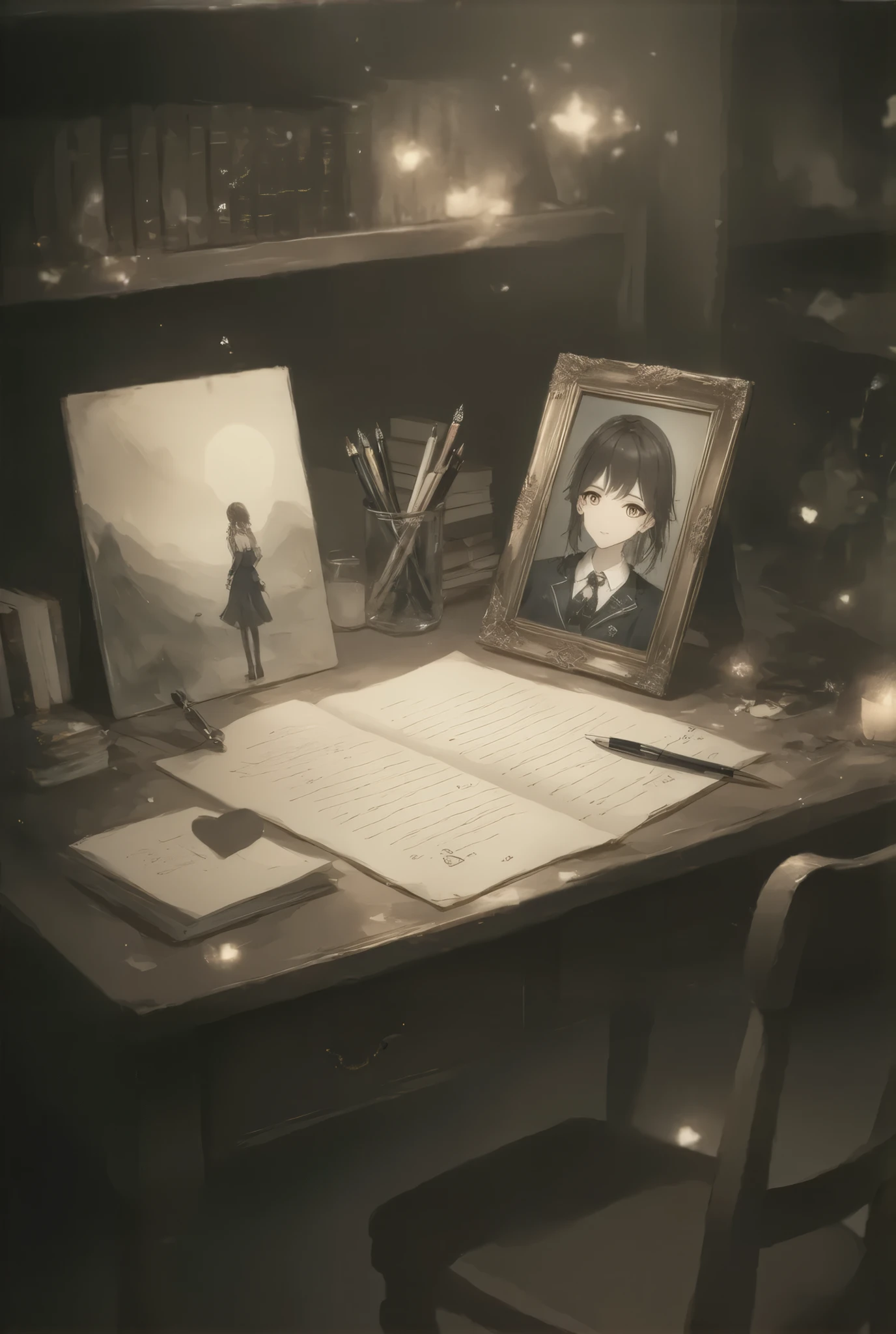 (Nostalgic expression in sepia tone, 8k, top quality, Masterpiece , Final Fantasy Style, in style of Anna Razumovskaya, :1.5),Atmospheric perspective, 8K, Very detailed, Accurate, Highest quality, masterpiece, Very detailed,, delicate and dynamic, Small faint lights, , On the desk, A love letter that could not be given is placed on the desk, heart mark, photos of a cute high school girl are placed on the desk, Study desk, My room