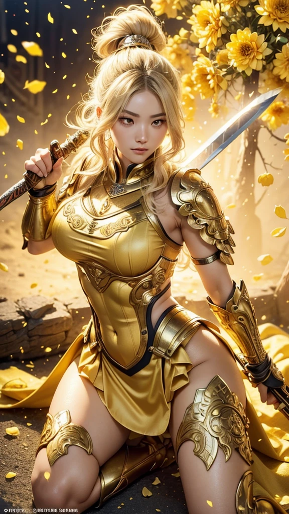  A young Japanese woman , warrior, It exudes a noble and noble style,light smile, Combat Stance, ((wielding a sword)),  very detailedな, realisti,  sitting, one knee,  Brilliant Appearance , Creative Action,  extremely detailed, Imaginative,  sensual,  Spontaneous ,  top quality,  skin texture,  (((half updo hair))),  (((hair over one eye))),  ((Ash blonde hair)),   toned body,  ((huge breasts)),  Big Breasts,   plump thighs,   The yellow armor with a dahlia flower pattern engraved on it is a bikini type design that emphasizes chest exposure,  (  wear a yellow cloak with a dahlia flower pattern ),  peplum skirt,   black shin guard with dahlia flowers engraved on it ,  White high-leg underwear ,  Black tights,   absolute domain,  intricate detail , ( cinematic lighting),  Dramatic lighting,The Burning Battlefield, 戦っているwarrior, ((The background is full blooming yellow dahlia flowers )),  (( The front is full of large yellow dahlia flowers in full bloom)),(confetti),   RAW photos , 8k, masterpiece,   top quality, ultra detail, very detailed,  intricate detail , high definition ,超 intricate detail, very detailed 8k cg wallpaper,