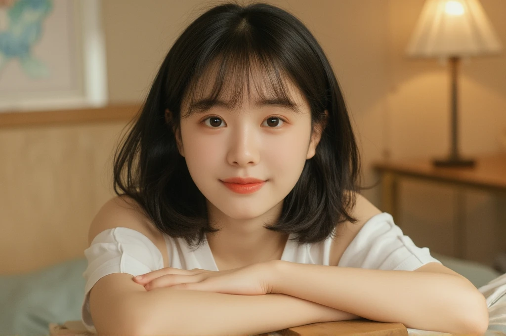 A 15-year-old girl with short black hair and bangs,pigtails, wearing a white off-the-shoulder T-shirt that reveals a little bit of her chest, is sitting at a table smiling. She smiles gently and lays on the table while looking directly at the camera. The camera clearly focuses on her face. The soft and warm light creates a relaxed and friendly atmosphere. The background is a table, making the atmosphere in the bedroom look more elegant and friendly.