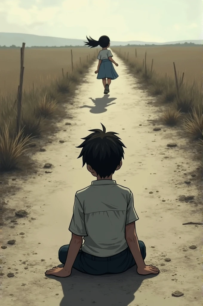 One boy is sitting on long road and girl ran away from him 