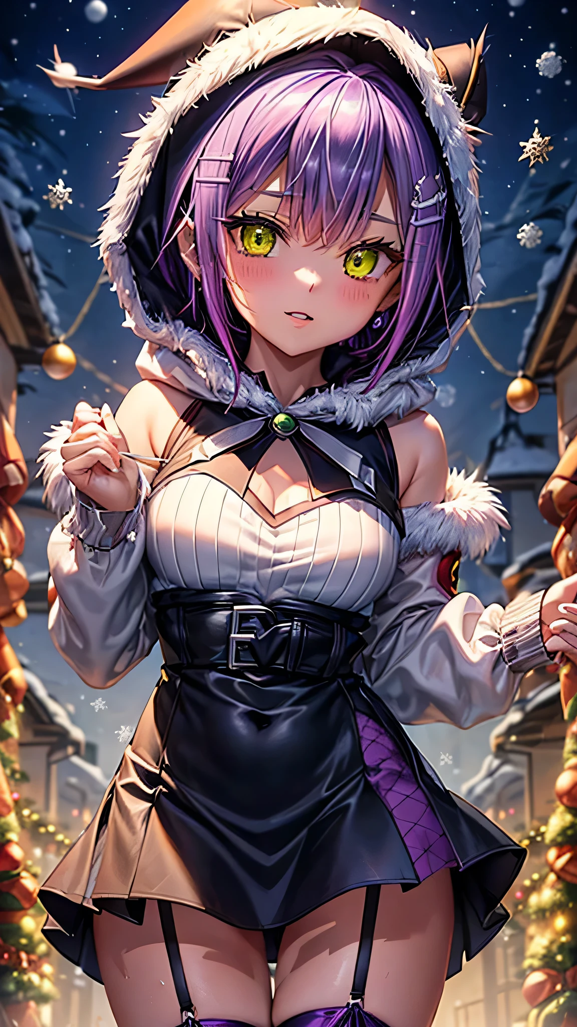 (highest quality)), ((masterpiece)), (Familiar), Perfect Face,Shiny skin,Beautiful breasts、Shiny skin、(((BLACK-purple Santa  dress、mini skirt、garter、fish net tights、hoodie、fur jacket、)))、oil skin、Sweat、Off the shoulder、Double teeth 、short hair、Big Breasts、Embrace、winter、close、near、(((night)))、shooting STAR、candle、(((White unitard)))、(((Tokoyami Towa (Hololive). )))、(((Christmas)))