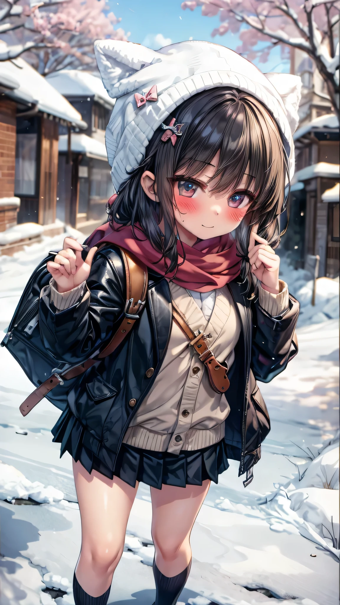 ((masterpiece, sidelighting, finely detailed beautiful eyes: 1.2)), (anatomically collect:1.3), Extremely cute, (extremely detailed beautiful face), (Authentic skin texture:1.4), (outdoor, winter, snowy landscape, park:1.2), (1 lower elementary school student toddler girl:1.8), (Loli:1.8), (small stature, petite body:1.8), (flat chest), (short black hair), ahoge, (duffel coat, woolen scarf:1.2), (socks, loafer:1.2), (blush cheek:1.4), (shy, happy), (face focus:1.2), standing