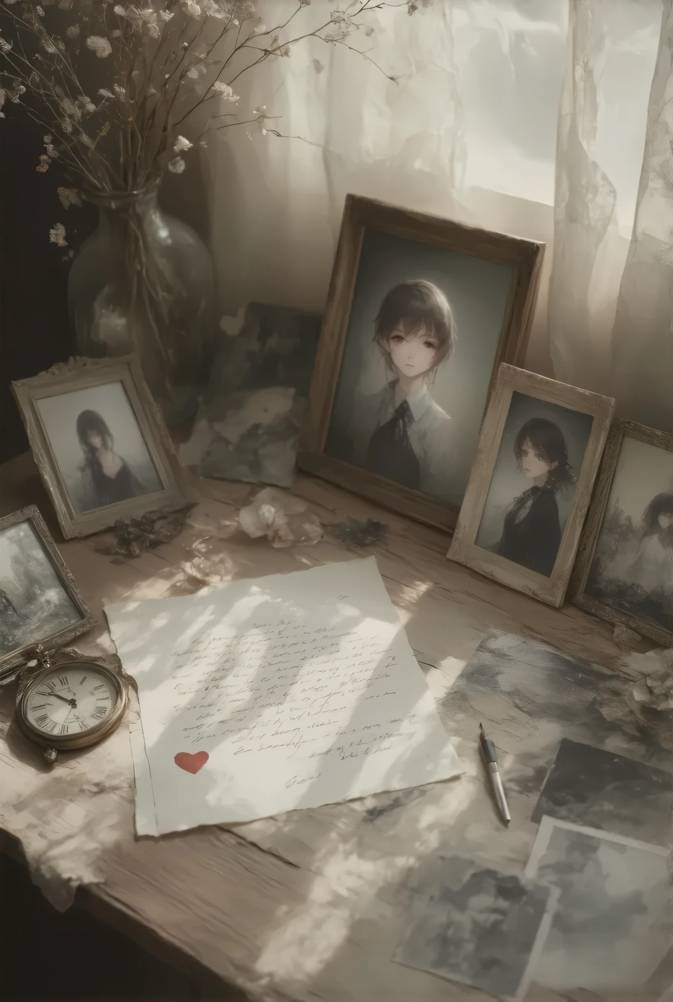 (Nostalgic expression in sepia tone, 8k, top quality, Masterpiece , Final Fantasy Style, in style of Anna Razumovskaya, :1.5),Atmospheric perspective, 8K, Very detailed, Accurate, Highest quality, masterpiece, Very detailed,, delicate and dynamic, Small faint lights, , On the desk, A love letter that could not be given is placed on the desk, heart mark, photos of a cute high school girl are placed on the desk, Study desk, My room