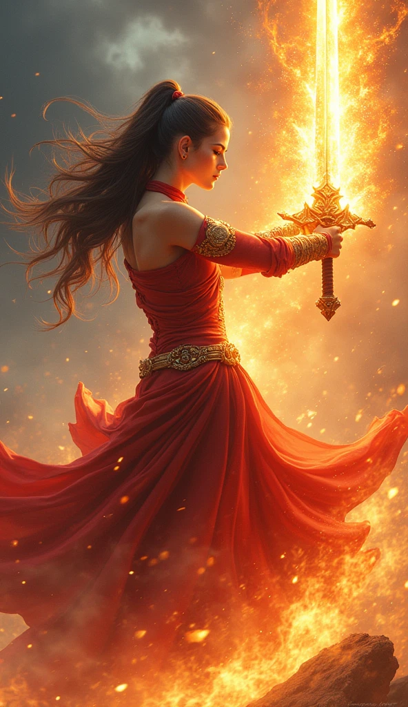 Create a female character with black gold hair, blue eyes, an fire rhighning sword, Red clothes, and fire powers. into the sky