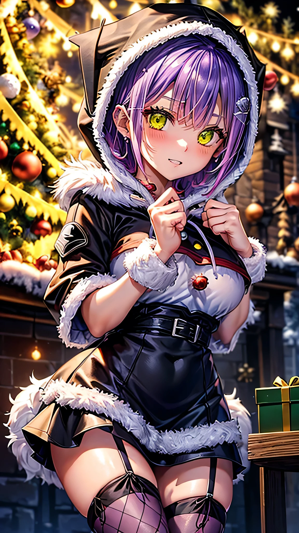 (highest quality)), ((masterpiece)), (Familiar), Perfect Face,Shiny skin,Beautiful breasts、Shiny skin、(((BLACK-purple Santa  dress、mini skirt、garter、fish net tights、hoodie、fur jacket、)))、oil skin、Sweat、Off the shoulder、Double teeth 、short hair、Big Breasts、Embrace、winter、close、near、(((night)))、shooting STAR、candle、(((White unitard)))、(((Tokoyami Towa (Hololive). )))、(((Christmas)))