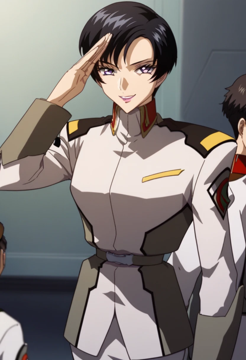  highest image quality taken by Ki、 anatomically accurate、 black hair、purple eyes 、Height: 174cm、smile、 in front of male superiors {x} Earth Allied Forces military uniforms、軍の司令室で、 salute female officers in the military command room 、