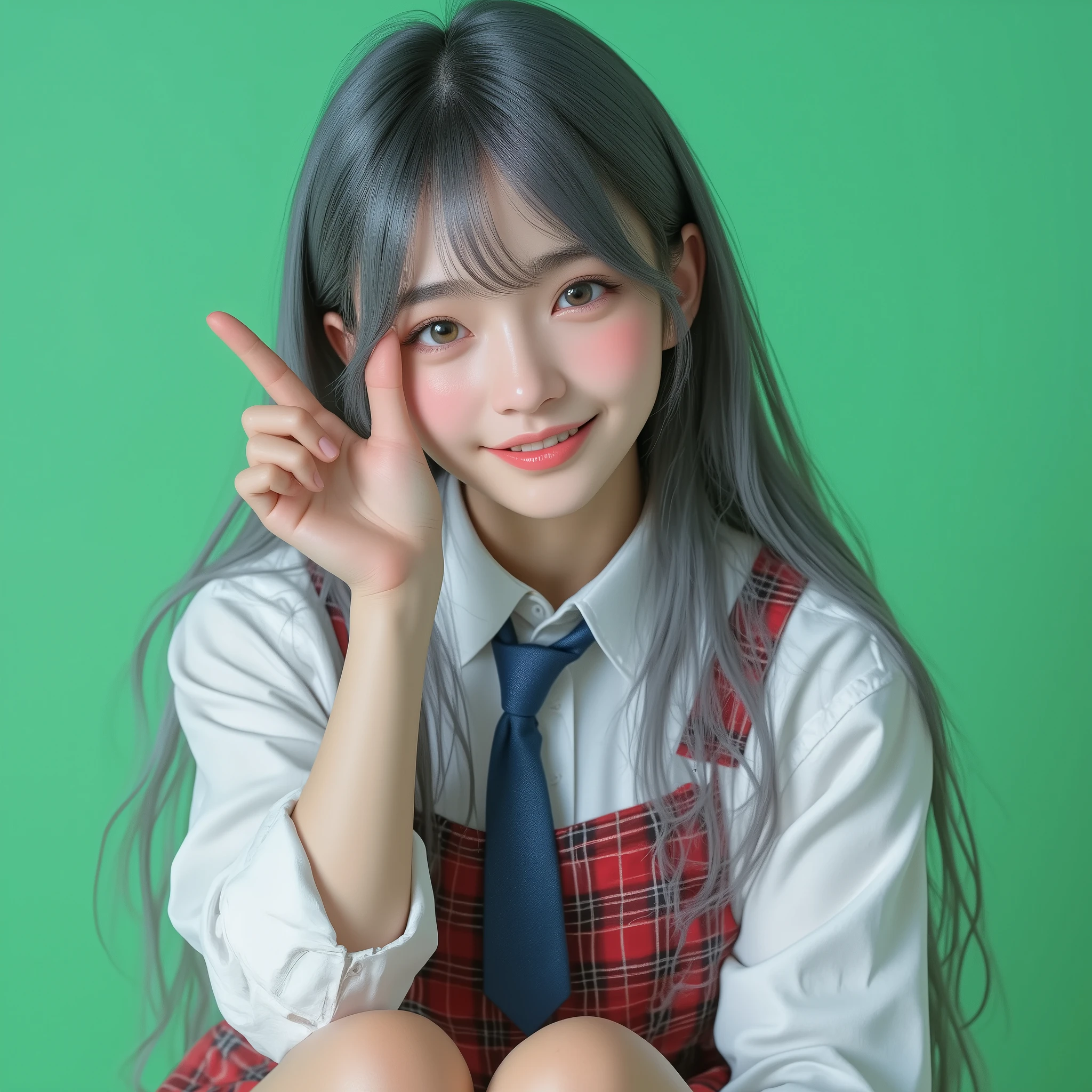 , photo realism,1girl, full body,long straight long hair,smoky blue color hair, Sitting with Knees Up pose, wink and expressionless, hand making a V-sign near her eye, wearing a white shirt with rolled-up sleeves, red plaid skirt with white check design, loosened blue necktie, earrings, soft blush on cheeks, bright and cheerful expression, green Chromakey background, vibrant and youthful atmosphere,sharp focus, physically-based rendering, extreme detail description, professional,
