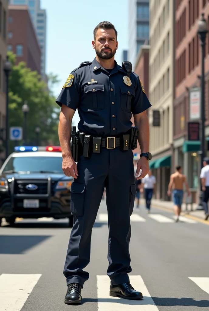 A realistic depiction of a police officer standing confidently in a ...