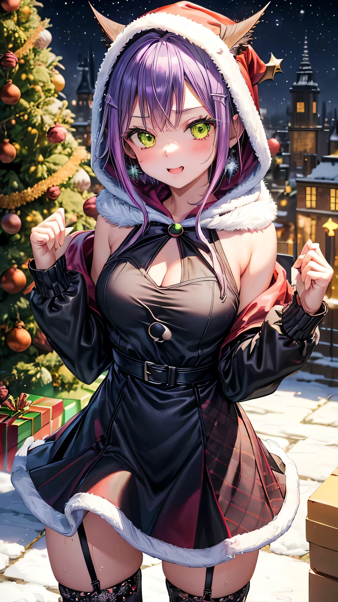 (highest quality)), ((masterpiece)), (Familiar), Perfect Face,Shiny skin,Beautiful breasts、Shiny skin、(((BLACK-purple Santa dress、mini skirt、garter、fish net tights、hoodie、fur jacket、)))、oil skin、Sweat、Off the shoulder、Double teeth 、short hair、Big Breasts、Embrace、winter、close、near、(((night)))、shooting STAR、candle、(((White unitard)))、(((Tokoyami Towa (Hololive). )))、(((Christmas)))