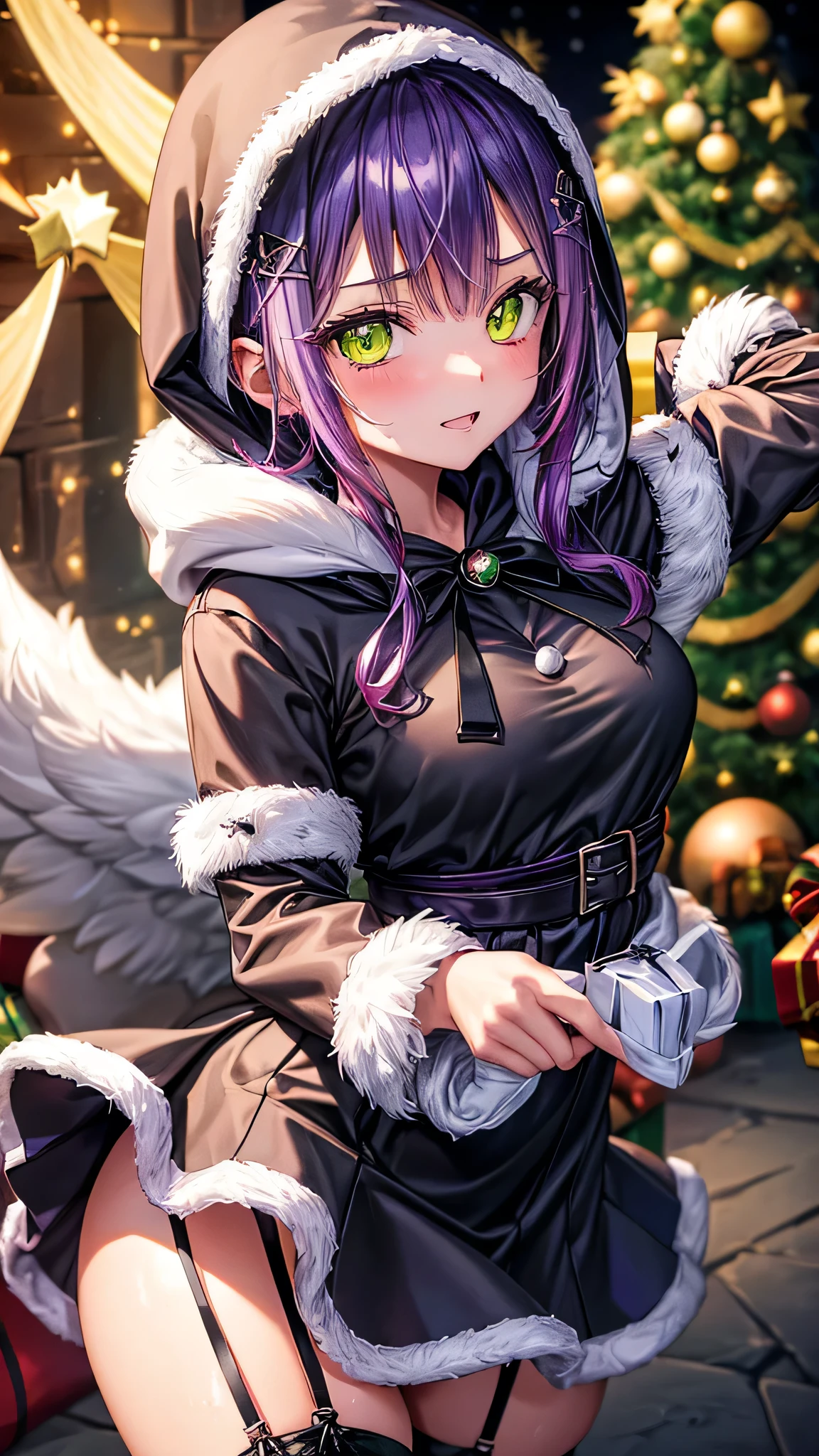 (highest quality)), ((masterpiece)), (Familiar), Perfect Face,Shiny skin,Beautiful breasts、Shiny skin、(((BLACK-purple Santa  dress、mini skirt、garter、fish net tights、hoodie、fur jacket、)))、oil skin、Sweat、Off the shoulder、Double teeth 、short hair、Big Breasts、Embrace、winter、close、near、(((night)))、shooting STAR、candle、(((White unitard)))、(((Tokoyami Towa (Hololive). )))、(((Christmas)))