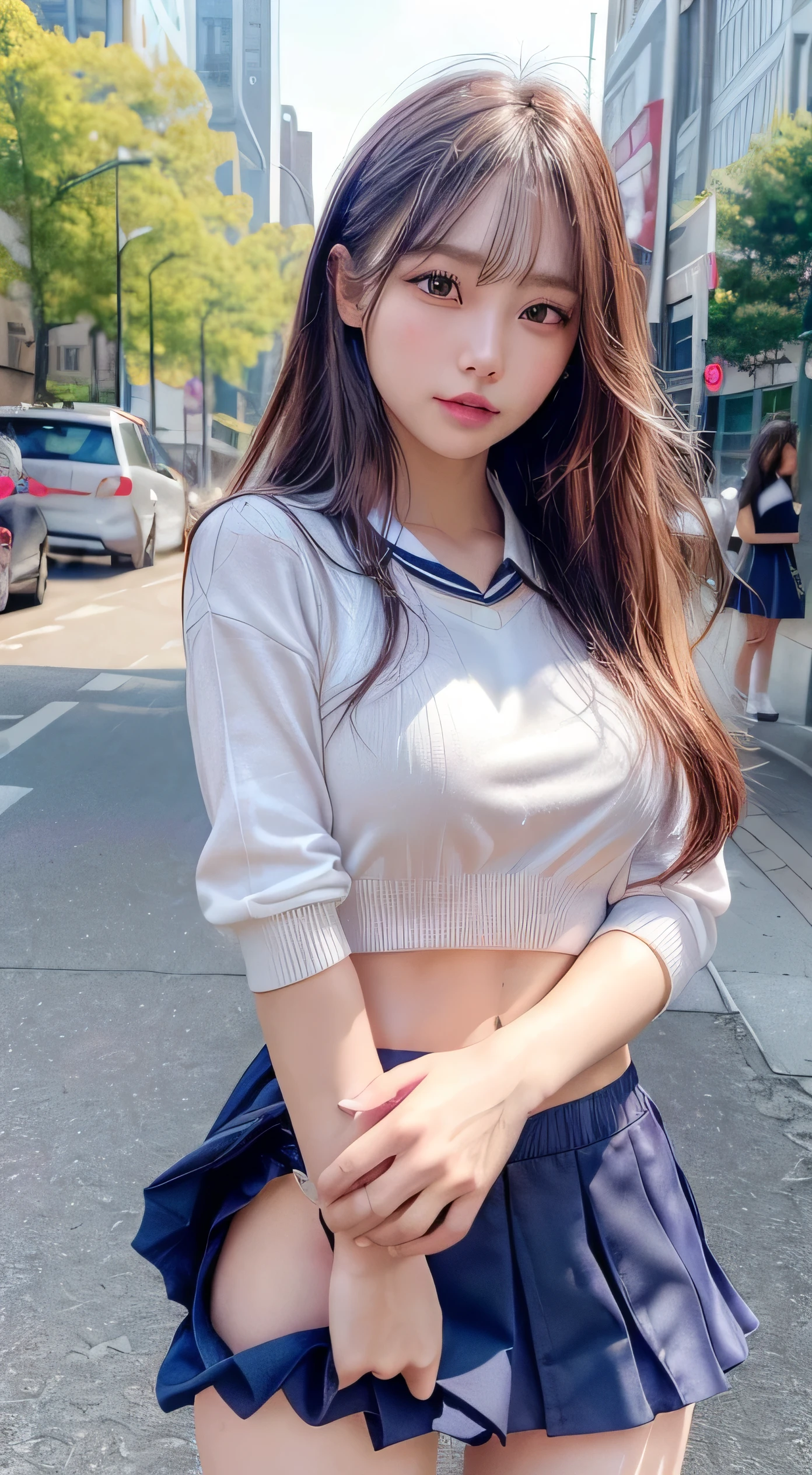 (8k, original photo, best quality, masterpiece:1.2), (Practical, photo-Practical:1.4), (Extremely detailed 8k wallpaper), Clear focus, Depth of Field, Movie Lighting, Soft Light, Detailed eye beauty,shiny smooth light brown Long Bob hairstyle, Asymmetrical bangs, Glowing skin, Super delicate skin ,high resolution, High Detail, Detailed hairstyle, Detailed beauty face, hyper Practical, Perfect limbs, Perfect anatomical structure ,1 Japanese girl,Famous Japanese idols, Perfect female body, Large Breasts,Smile,Short eyelashes,Double eyelids,Long Bob hairstyle, (Uniforms:1.3),(Mini Skirt Navy Mini Skirt), Looking at the audience, (Crowded city streets:1.3),Cowboy shooting