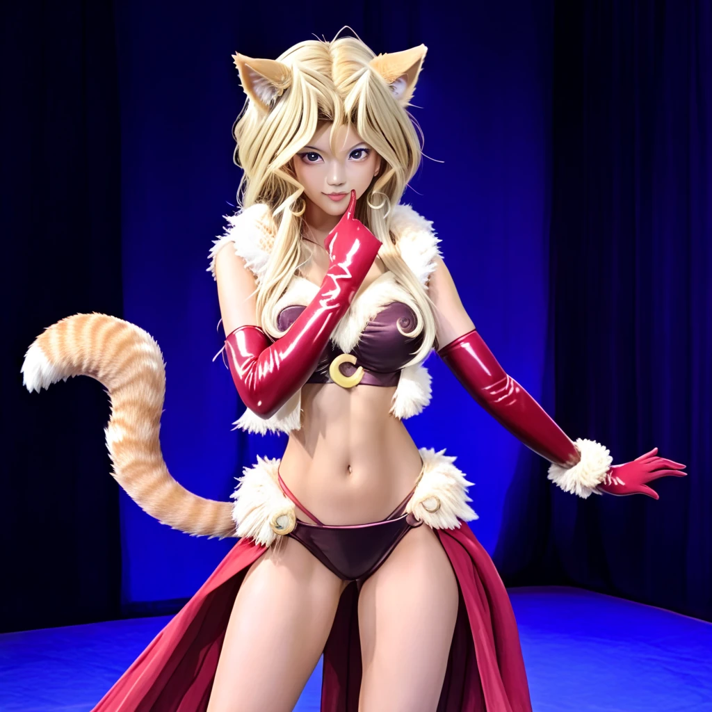 （Peacock Dance）、 real、 （ Japanese cosplayers）、（Asian）、 1 girl, Dyed blonde、Cat Girl, Tail,   revealing clothes,  dancer costume,   fur trim, Red gloves,  elbow gloves ,,（Moonlit Night、moonlight、 crescent、Hirono）