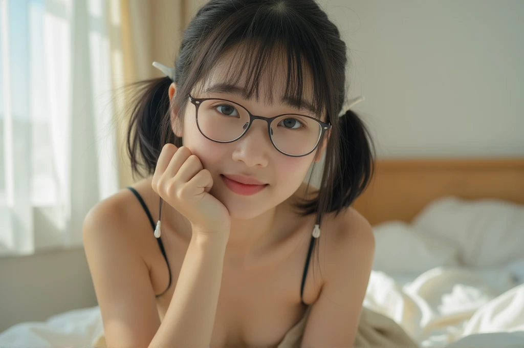 18-year-old girl, short black hair, pigtails, wearing glasses, white hairpins, bangs, smiling, undressing, naked, small breasts, only face visible, small chest, open mouth, leaning down, hand on chin, seductive eyes, looking, school skirt, sitting on the bed, legs raised, looking directly at the camera, morning light, bedroom 8k