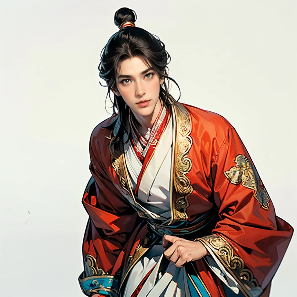 ( top quality,4K,8k, high definition ,masterpiece:1.2),super detailed,(super fine illustration),((( ONE 20 YEAR-OLD MAN DRAWED IN ANIME STYLE ILLUSTRATION ))),Heroes of the Three Kingdoms, neutral face :1.3, confident expression,(( PERFECTLY SET WITH LONG BLACK HAIR AND HANGING BANKS,VERY SEXY MAN )), detailed eyes :1.2, perfect eyes,(( Attractive Dark Eyes )),( well-trained body, thin macho),cinematic lighting, spotlight, soft shadows,((I'm making you open my chest:1.2, ancient Chinese red costume with fine embroidery down to the art that makes you open your chest:1.3,dynamic pause:1.2)),(( cowboy shot :1.2)),(( white background:1.3,simple background:1.2)),((( standing:1.3, depicting everything from the tip of the head to above the knee :1.3)))