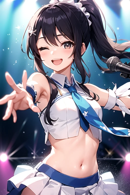 (Highest quality, 4K, High resolution, masterpiece:1.2), Very detailed,splashing semen, nsfw, anus, multiple boys,, hetero, (((he grope girl))), ((grope from behind)), ((cum on body)), medium breasts, ((detail erectile nipples)), (,High Contrast), Cinematic Light, Bright colorsと魅惑的な効果, Soft and delicate lighting, Lens flare, (1 Girl), Black Hair, Long Hair, Straight hair, Red eyes, jewelry, Earrings, Style idol costume, Pleated skirt, Gingham Check Skirt, Beautiful thighs, (blue thong), (cameltoe1.2), (anus), smile, Open your mouth, ((cum on face)), ((Random Action Pose:1.2)), ((With microphone, sing:1.1)), Beautiful Skin, Shiny skin, Perfect Fingers, Five Fingers, ((Live Stage:1.2)), Background Blur, Bright colors.