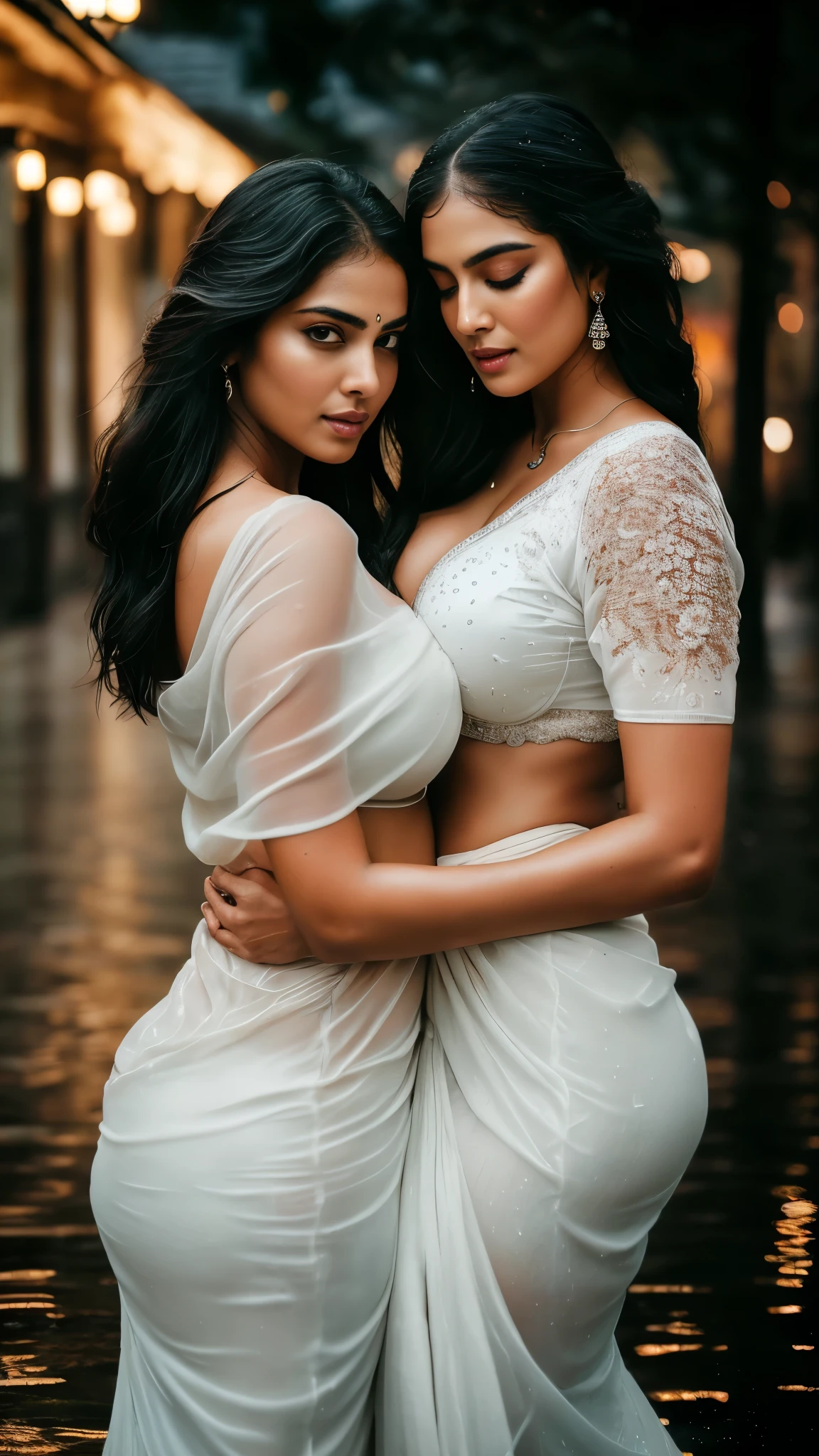 Deep clevage blouse photorealastic 8k masterpiece,raw photo Two stunning Indian models embracing each other intimately under the enchanting glow of a moonlit, rainy night. Their bodies are the epitome of sensuality, with very voluptuous figures accentuating their big asses and ample breasts. Draped in elegant black and cream transparent saris that cling to their curves, they stand out in stark contrast against the wet urban backdrop. The rain adds a layer of mystery and allure, making their skin glisten and their outfits almost see-through. Their curvy silhouettes are perfectly framed by the sharp ultra HD resolution of the 8k masterpiece, revealing every intricate detail of their attire and the way the water droplets roll off their figures. The photorealistic quality of the image is so profound that one can almost feel the dampness of the air and the soft whispers of the rain. The tight embrace they share exudes a warmth that is both comforting and passionate, hinting at an unspoken bond between the two. The vibrant colors and sharp focus highlight the sensuality of the scene, making it an engaging and captivating spectacle. This raw, yet artful depiction of beauty and friendship transcends the boundaries of a simple photograph, transforming it into a mesmerizing piece of visual poetry.