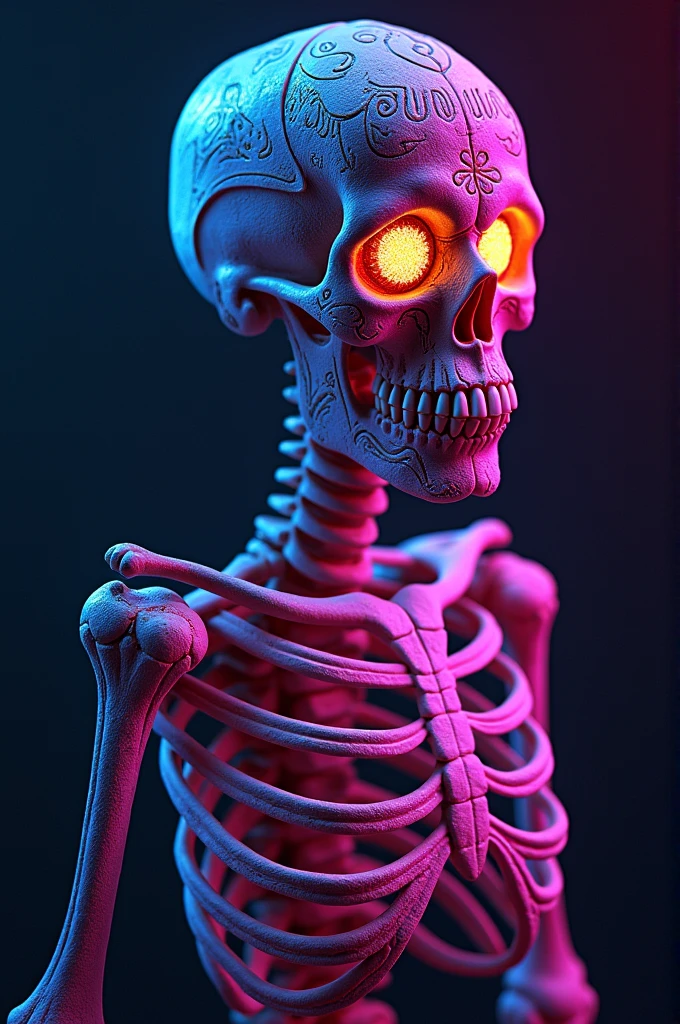 3DCG A skeleton laughing fearlessly in the darkness, purple flames spewing from its closed mouth (only the mouth part)