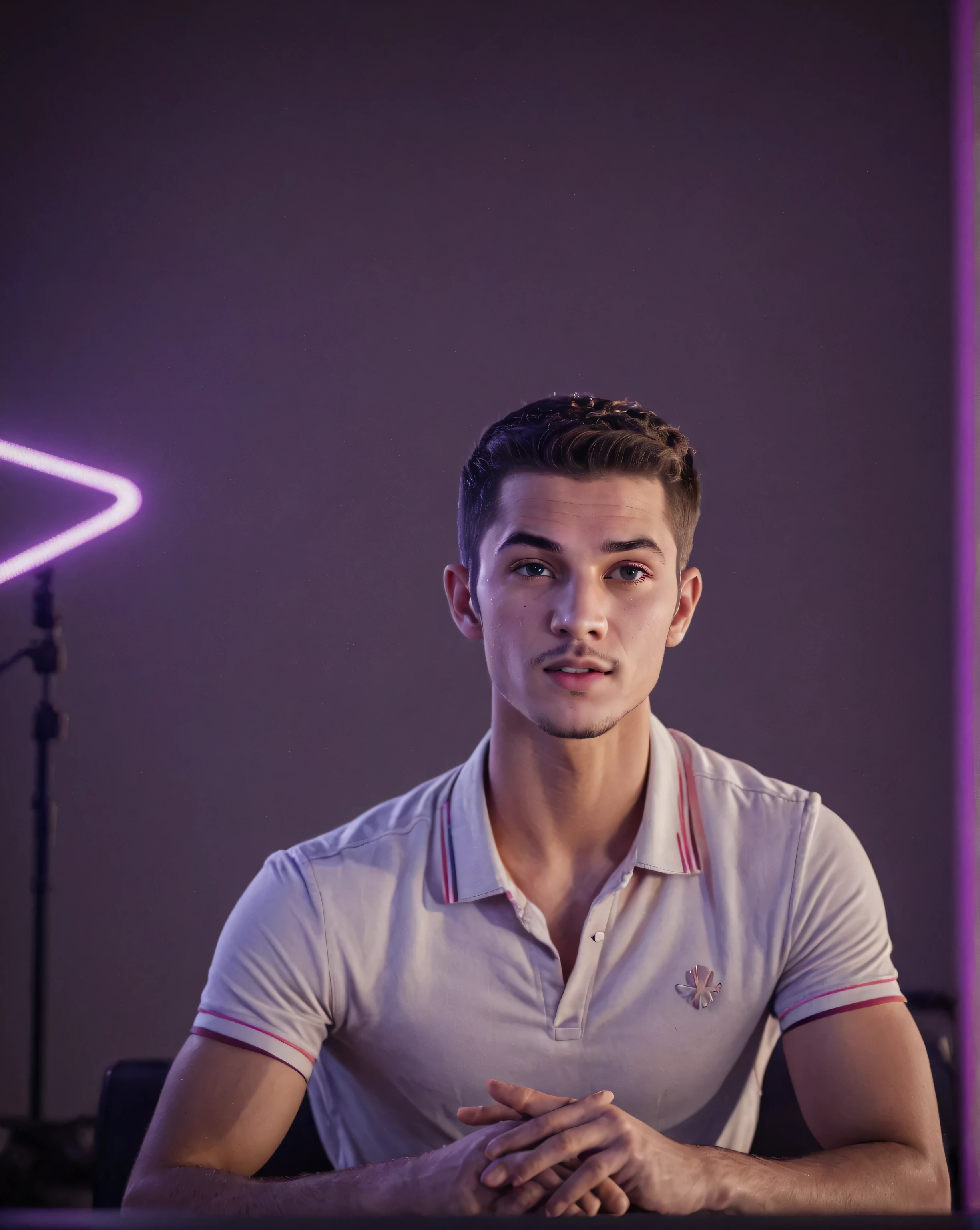 French male streamer, sitting in front of a professional microphone, high-quality facial details, symmetrical face, expressive and captivating eyes, wearing casual yet trendy clothes, illuminated by soft cinematic lighting, neon accents in the background, minimalist gaming setup visible behind him, focused expression, clean-shaven or light stubble, high-resolution, detailed textures, realistic skin tone, front-facing view, vibrant colors, modern and sleek aesthetic, streaming ambiance
