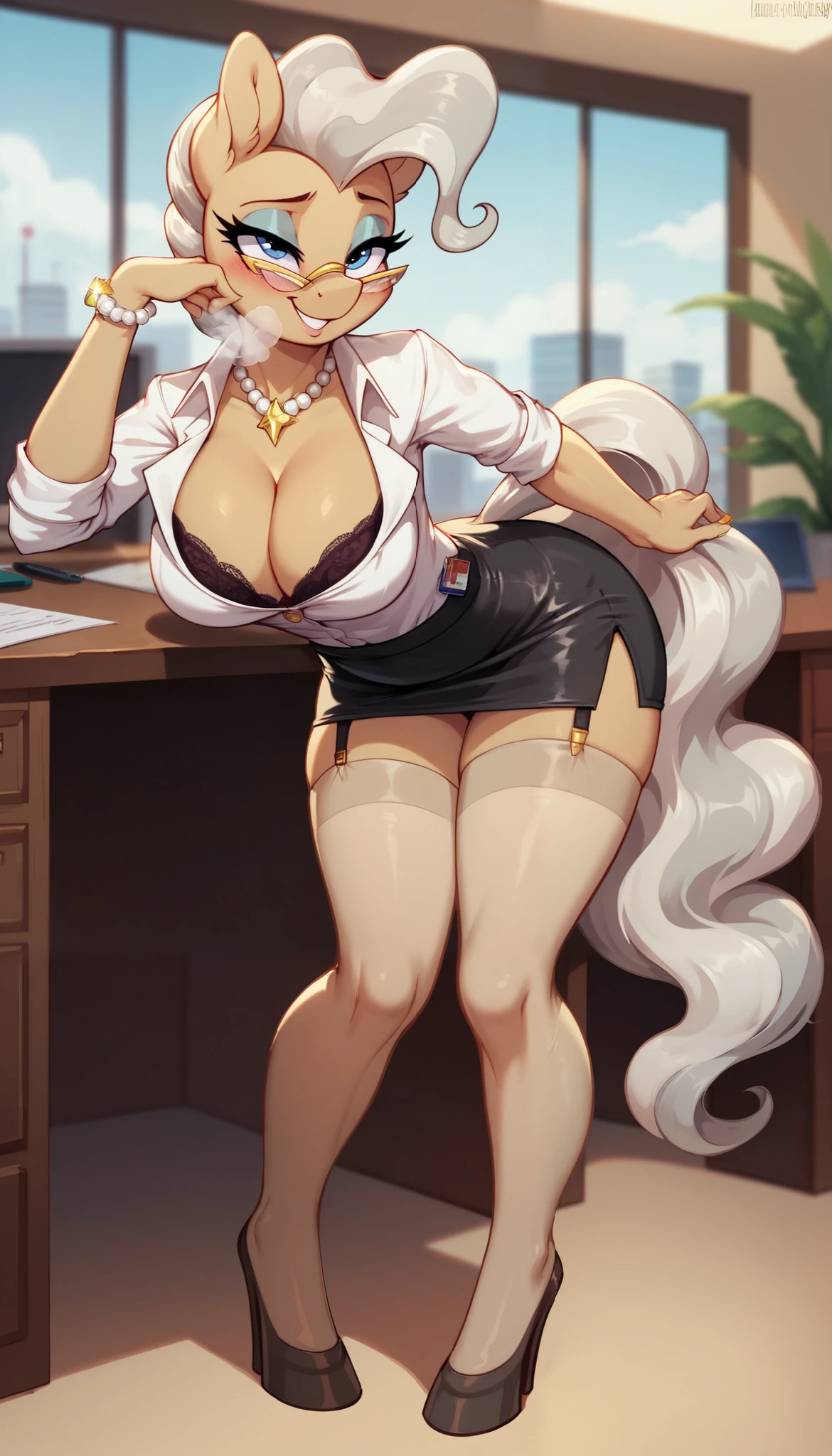 score_9, score_8_up, score_7_up, Mayor Mare, mlp, anthro, 1girl, blue eyes, solo, curly hair, tight body suit, tan beige stockings, large breasts, cleavage, jewellery, 1girl, solo, beige office clothes,  legs together, perfect legs, leaning forward deeply, view from back, love being dominated, shiny micro tight skirt, sexy black bra, languid breathing, eyeshadow, mascara, long eyelashes, Submissive smile, Flushed cheeks, show off, full body view, hooves