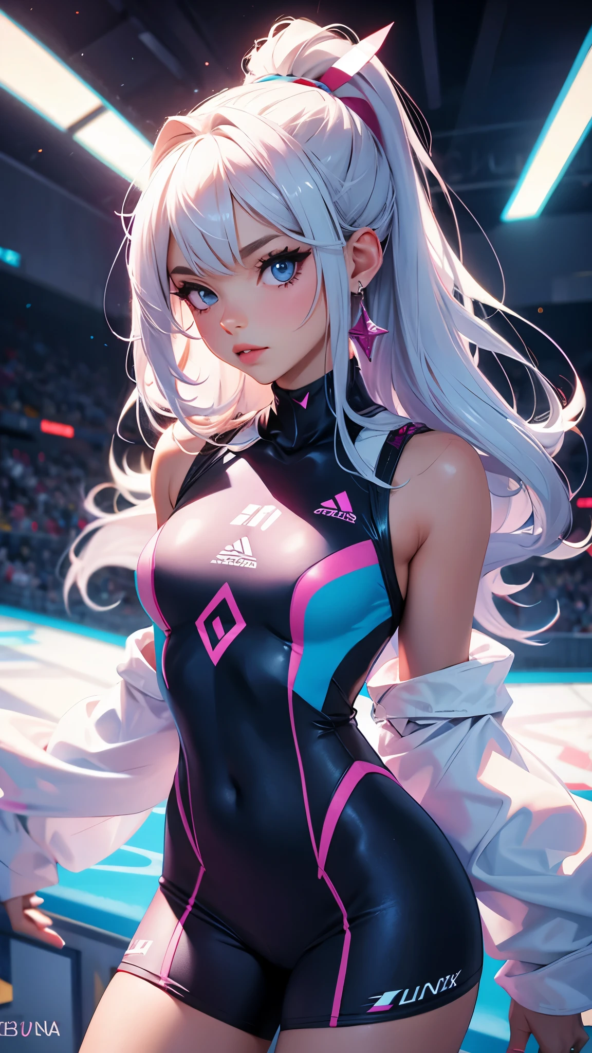 最high quality、best image quality、masterpiece、teenage girl((20-year-old、 By becoming、vest bust、medium bust,wide open breast tea、black eye, blonde hair、long hair、thin,highest valley、blue sports bra(1:2)、Blue sports pants、sweating、scattering of sweat、Flushed body、- And--Uppose)),high quality、beautiful art、background((pink space))debris flies、Depth of written boundary、movie、visual art、perfect art、8k,genuine、