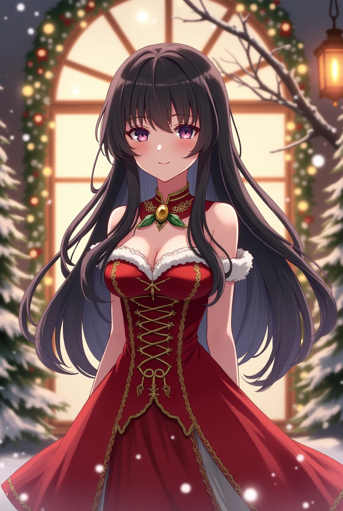 (masterpiece, best quality) woman, (big breasts), solo, Albedo from "Overlord", yellow eyes, horns, long hair, black hair, smiling, (slim body, very thin waist), (red Christmas dress, Christmas clothes ), (standing) looking at viewer, 16k, sharp focus, dramatic lighting, drop shadow, anime style, shine, anatomically correct, beautiful detailed face, beautiful detailed eyes, High Detail Skin, Visible Pores, sharp focus, colorful, delicated facial features,Facial feature, hair between eyes, snowing forest, snow, christmas