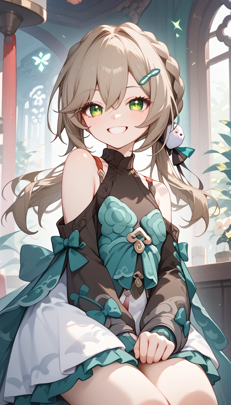 small breasts, brown hair, green eyes, braid, low twintails, hair ornament, hairpin, qingque,　Alone,  eyebrow visible from inside hair ,  hair between eyes　 top quality, very aesthetic, oversized clothes　laugh　smile　 hotel 