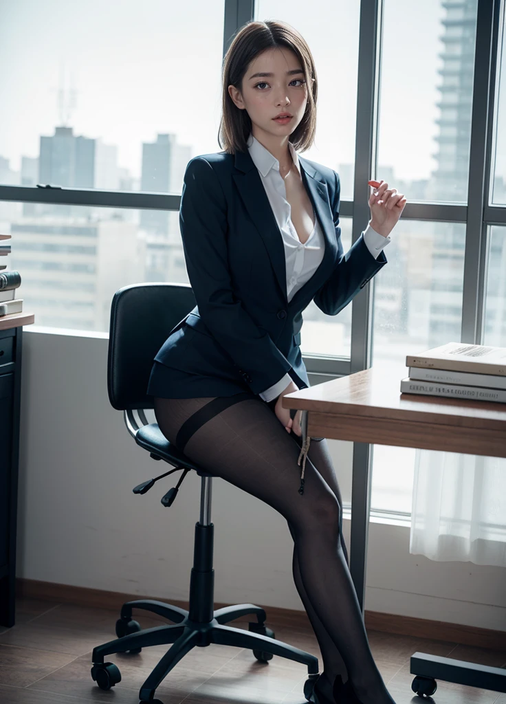 front shot ,((1 elegant lady)) , (masterpiece), best quality, expressive eyes, perfect face , bob cut blonde hair , black secretary sexy outfit , on a chair working at a desk, her legs spread apart wide open ,nsfw ,(low angle) , ((we look at her from below))