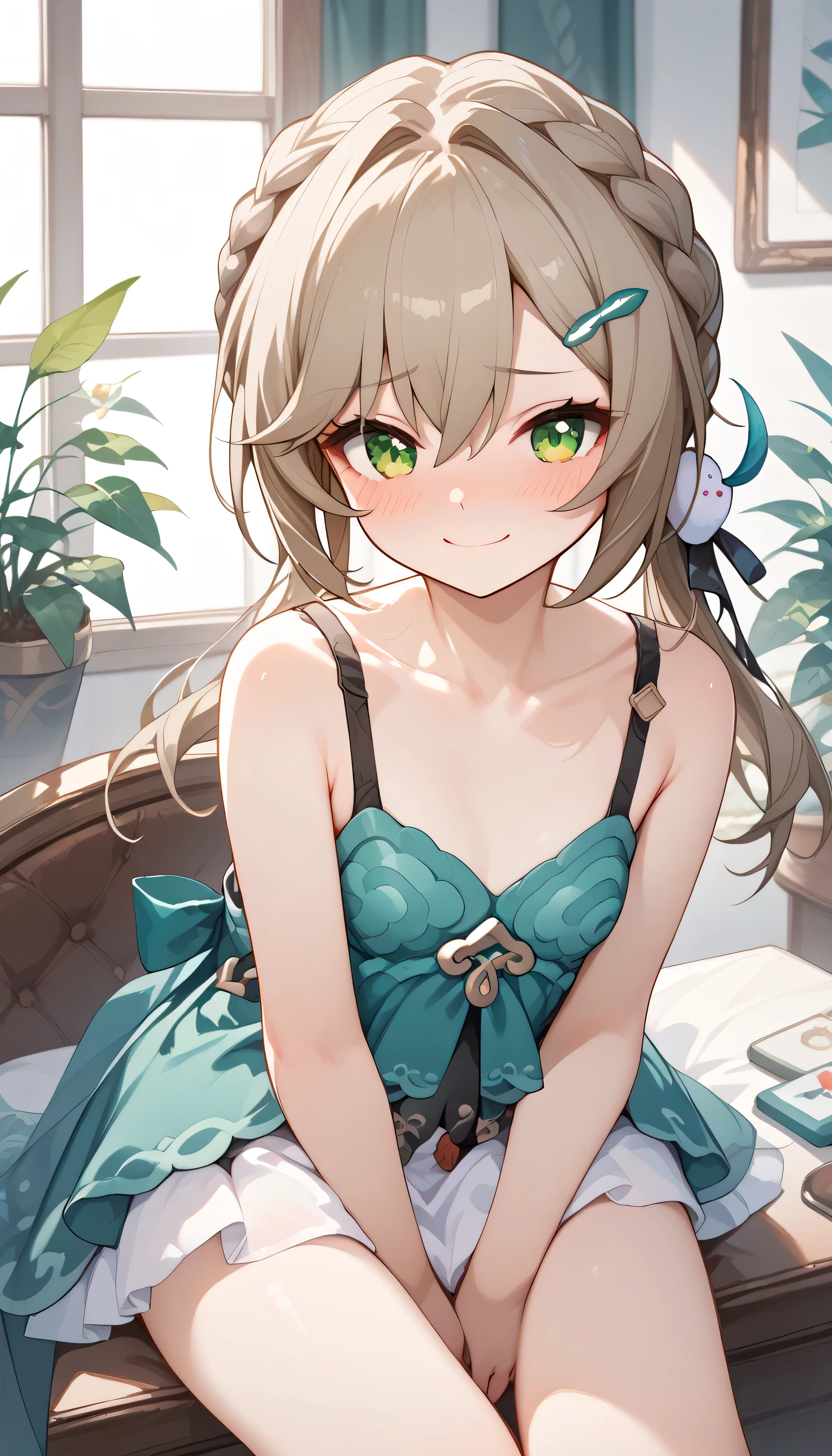 small breasts, brown hair, green eyes, braid, low twintails, hair ornament, hairpin, qingque,　Alone,  eyebrow visible from inside hair ,  hair between eyes　 top quality, very aesthetic, camisole　Embarrassed　blush　smile　 hotel 