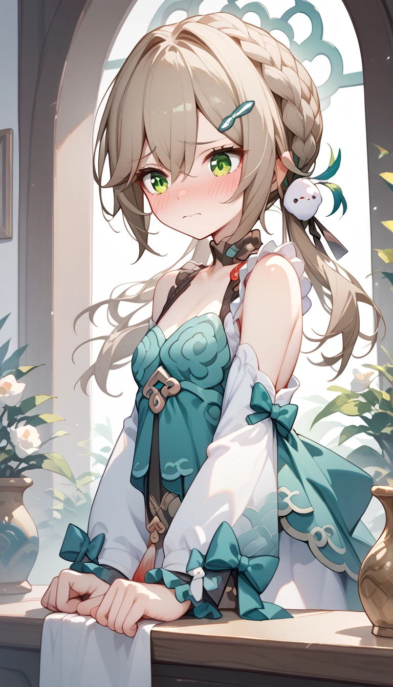 small breasts, brown hair, green eyes, braid, low twintails, hair ornament, hairpin, qingque,　Alone,  eyebrow visible from inside hair ,  hair between eyes　 top quality, very aesthetic, frilled sleeves　Embarrassed　blush　 hotel 