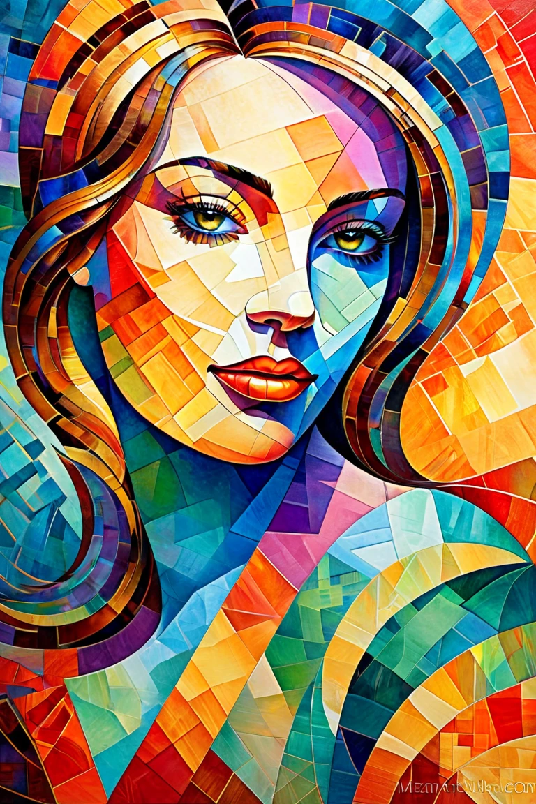 woman portrait,new impressionist cubist style, colorful patchwork, interwoven light and shadow outlines, abstract facial features, unique composition forms, fine brushstrokes textures, multilayer superimposed drawing, unique color blending, dreamlike tranquility, mysterious atmosphere, modern figure portrait