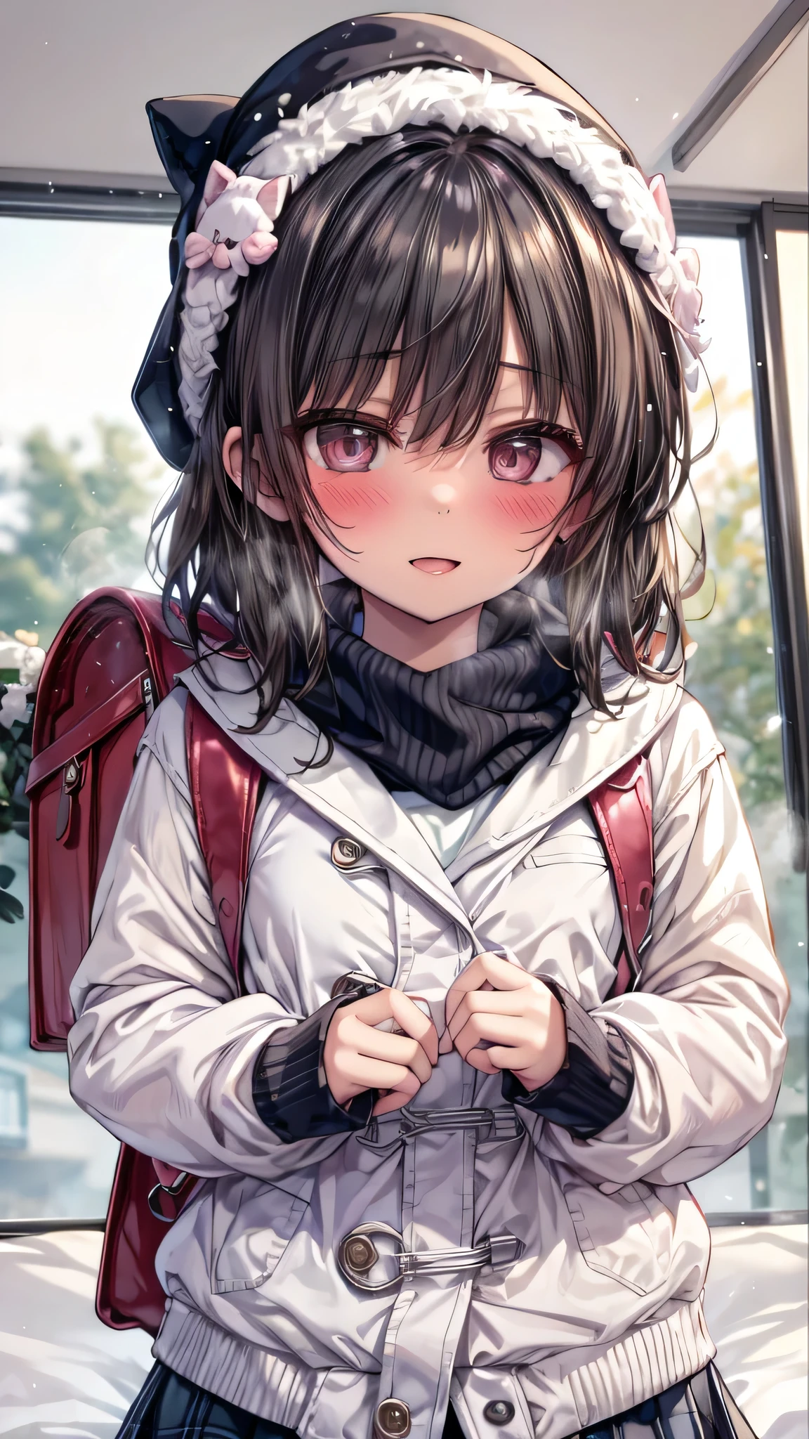 ((masterpiece, sidelighting, finely detailed beautiful eyes: 1.2)), (anatomically collect:1.3), Extremely cute, (extremely detailed beautiful face), (Authentic skin texture:1.4), (outdoor, winter, snowy landscape, park:1.2), (1 girl:1.8), (Loli:1.8), (small stature, petite body:1.8), (flat chest), (short black hair), ahoge, (duffel coat, woolen scarf, Woolly hat:1.2), (socks, loafer:1.2), (blush cheek:1.4), (shy, happy), (face focus:1.2), standing, carrying randoseru backpack, (steam)